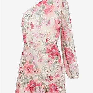 Express Metallic Floral One Shoulder pleated Faux Wrap Romper